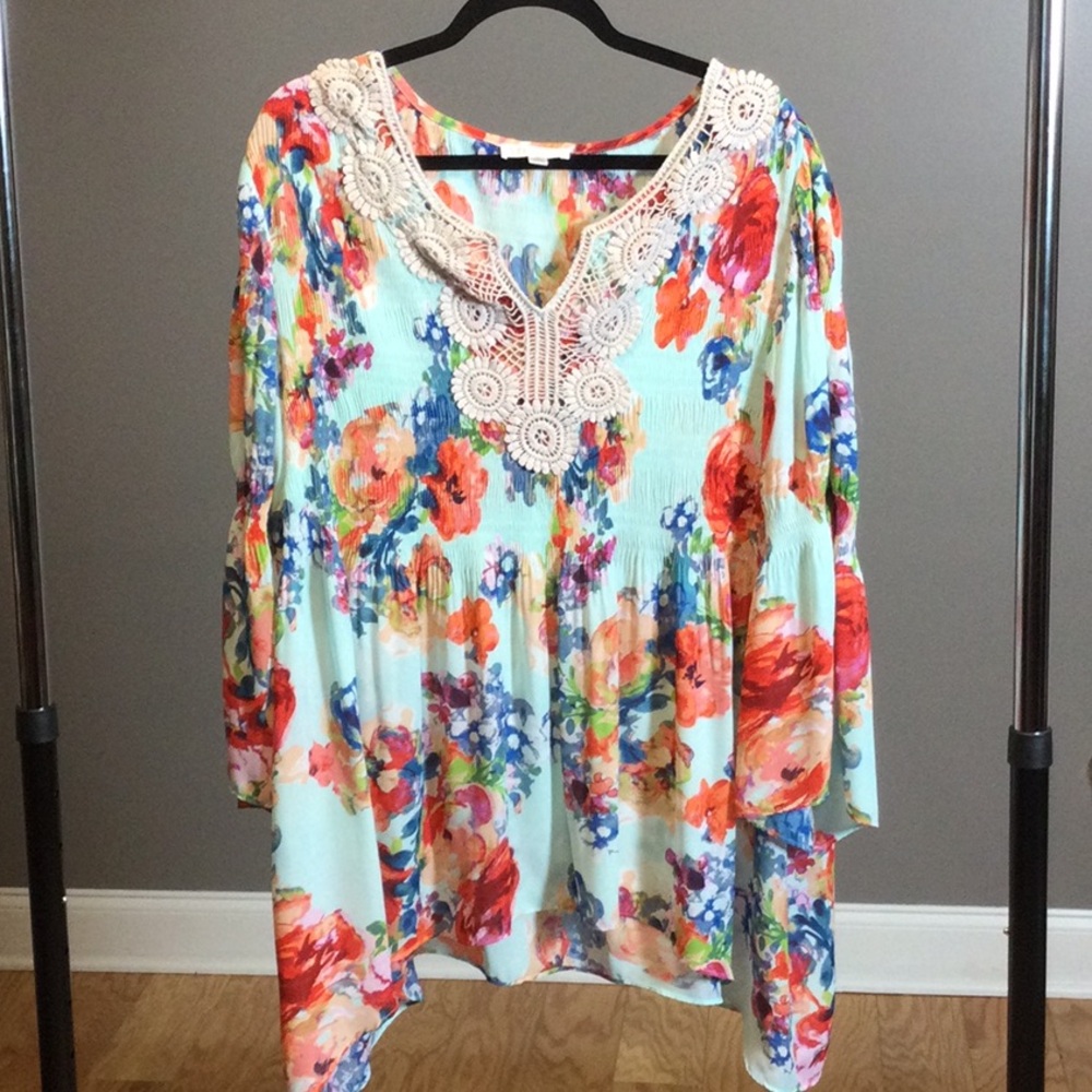 3X Spense Floral Boho Crochet-Trim Peasant Top - Mint Multi